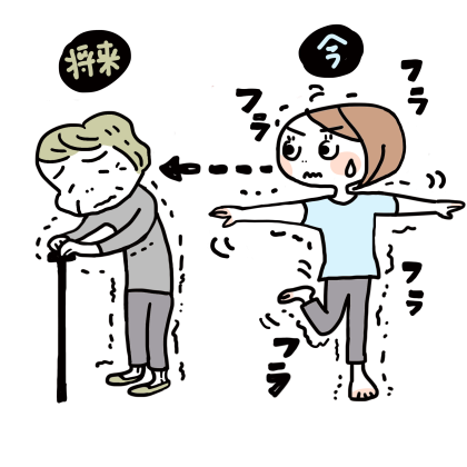 今片脚立ちでふらついていると、将来早いうちに杖が必要になってしまう様子を表しているイラスト