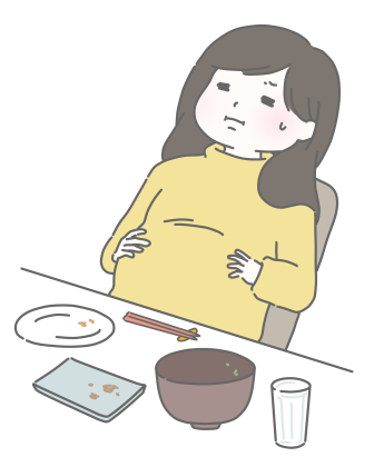 お正月太り。食事を食べ過ぎてしまった女性のイラスト。